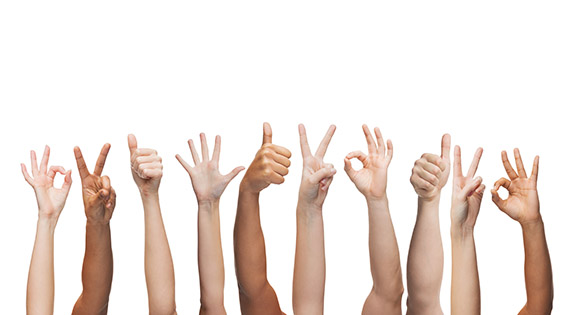 human hands showing thumbs up, ok and peace signs J9集团|国际站官网